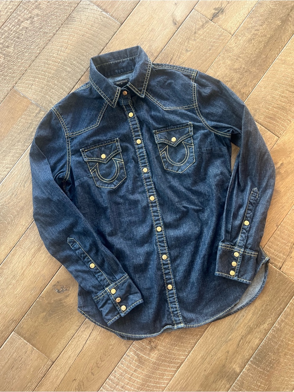 True Religion Indigo Denim Shirt with Yellow Stitching